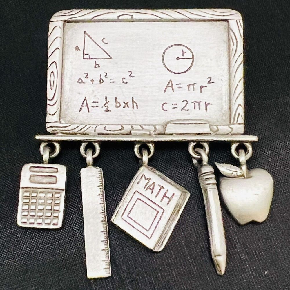 Vintage JJ Jonette Jewelry Pewter Dangle Math Teacher Blackboard Brooch Pin 4078